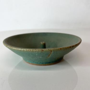Vintage Speckle Stoneware Art Pottery Bowl Fused Green Glaze 1970s California 