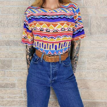 Colorful Retro Abstract Geometric Print Blouse 