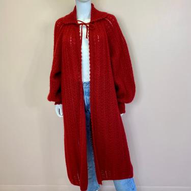 Vtg 1970s Outlander red wool balloon sleeve full length cardigan sweater 