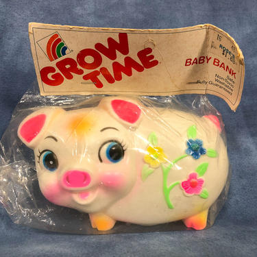 Cute Vintage Plastic Kitschy Piggy Bank, Grow Time Blowmold Original Packaging 