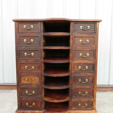 Antique 14 DRAWER WOOD CABINET &amp; SLOTTED SHELVES Apothecary Card Catalog File