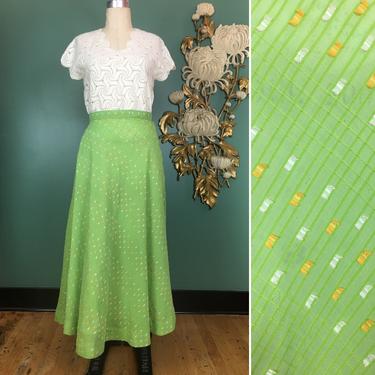 1970s cotton skirt, midi length, vintage 70s skirt, lime green and yellow, size medium, summer skirt, mod, retro, 29 waist, a-line skirt, 