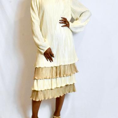 Vintage 1980s Fortuny Pleated Dress in Off White and Tan with Tiered Skirt 