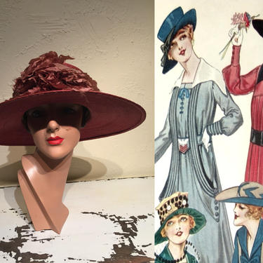 The Assembly Was Awaiting - Vintage 1917 Madam Suzy Coral Pink Salmon Straw Wide Brim Hat w/Velvet Silk Flower - Museum 