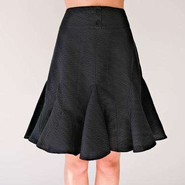 Vintage 90s Y2K EMPORIO ARMANI Black Mini Fishtail Skirt w/ Tonal Psychedelic Swirl Pattern | Made in Italy | 1990s 2000s Designer Skirt 