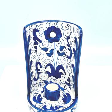 Vintage Hand Painted Candle Holder Spain- Blue and White Floral Wall Sconce 
