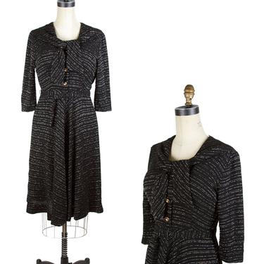1950s Dress ~ Black with Silver Lurex Chevron Striped Dress with Shawl Collar 