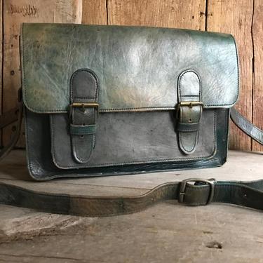 Rustic Dark Bottle Green Leather Briefcase, Satchel Bag, Mini Briefcase 