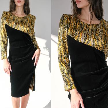 Vintage 80s Givenchy Nouvelle Boutique Metallic Gold Animal Print & Black Velvet Broad Shoulder Dress | Made in France | 1980s Designer Gown 