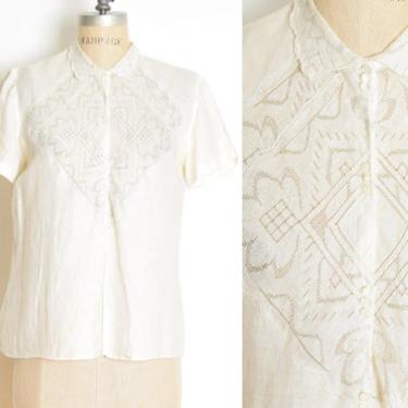 vintage 30s blouse ivory linen cutwork embroidered short sleeve shirt top L clothing 