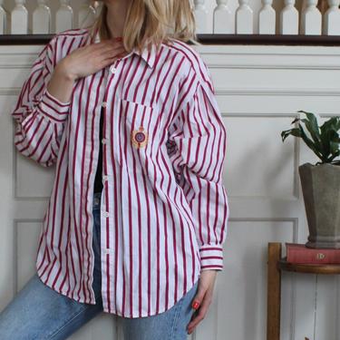 Vintage Pink &amp; White Striped Oxford Button Down Long Sleeve Top Women's SIze L 