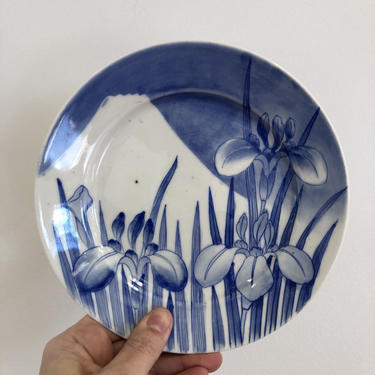 Blue and White Porcelain Plates - iris flowers and Mount Fuji, blue and white plates, blue iris, vintage asian decor, japanese tea plates 