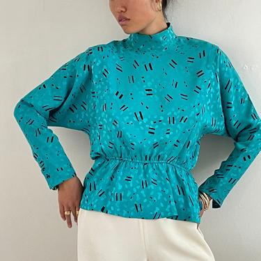 80s silk jacquard high collar batwing blouse / vintage teal silk jacquard button back print turtleneck peplum blouse | S M 