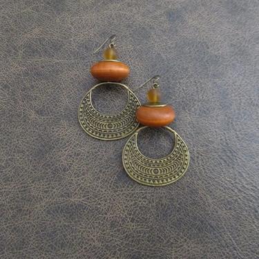 Etched bronze earrings, geometric earrings, unique mid century modern earrings, ethnic earrings, bohemian earrings, statement orange 