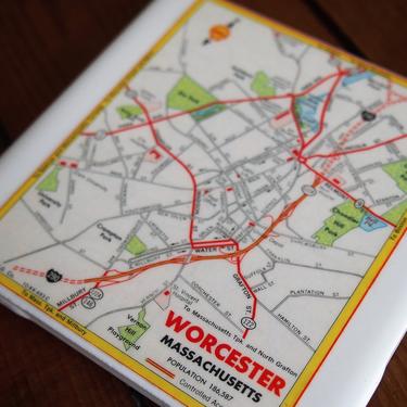1963 Worcester Massachusetts Map Coaster. Vintage city map coasters. Handmade office décor. 1960s map gift. Vintage barware. US travel décor 