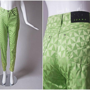 vtg 90s Exte Jeans lime green kaleidoscope pattern slim cut low waist pants | y2k 1990s | size 28 slim cut womens straight trouser slacks 
