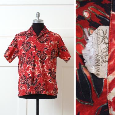 mens vintage 1950s Hawaiian shirt • cotton loop collar in red monstera leaf & orchid print 