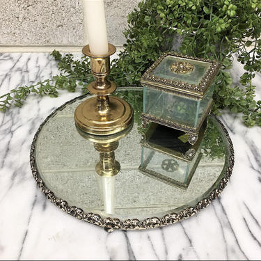 Vintage Mirrored Tray Retro 1950s Round Perfume Tray + Silver Metal + Beveled Glass Mirror + Footed + Plant Stand + Mid Century + Home Decor 