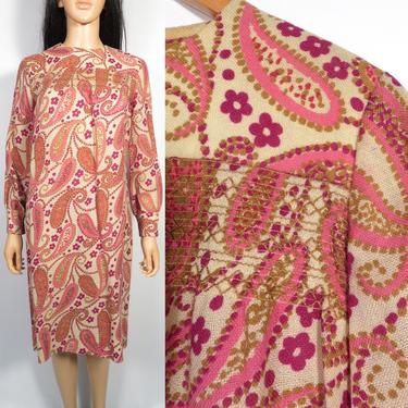 Vintage 60s Psychedelic Paisley Print Burlap Shift Dress Made In USA Size S 