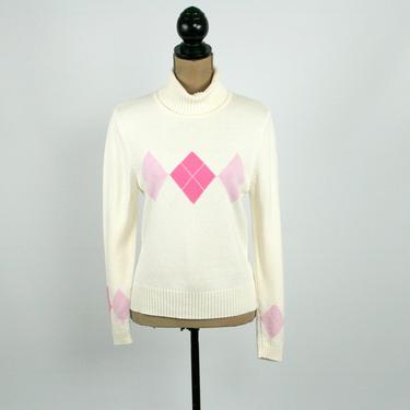 Pastel Argyle Sweater, Turtleneck with Diamond Print, Pink White Cotton Knit Pullover, Women Small Medium, Vintage Sonoma Made in Hong Kong 