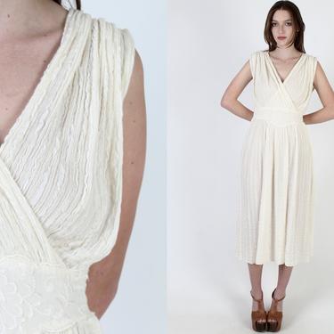 80s Off White Grecian Wrap Dress / Thin Ivory Cotton Gauze Dress / Sheer Floral Embroidered Waist / Toga Goddess Deep V Neck Midi Dress 