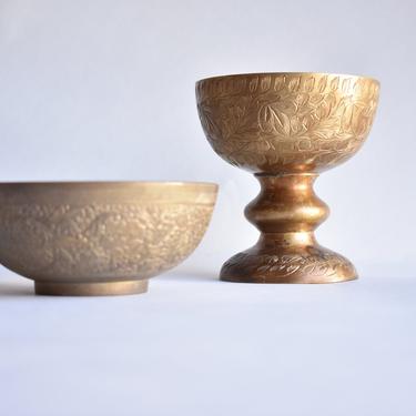 Set of 2 Engraved Brass Vessels | Chalice and Bowl Gift Set | Pair Vintage Brass Decor Objects | Key Bowl Change Dish Sponge Dish Candy Bowl 