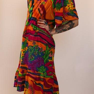 70's Indian Cotton Tropical Acid Trip Dress O/S