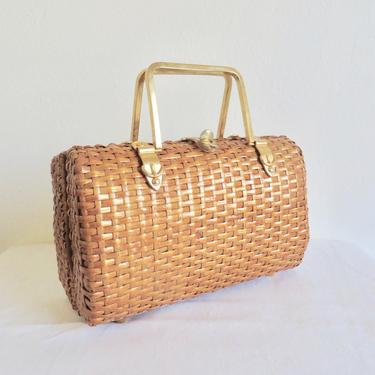 Vintage 1960's Caramel Woven Wicker Basket Purse Gold Metal Handles Hardware Retro Italian Mid Century 60's Handbag 