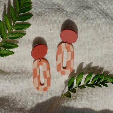 Cute Checker Polymer Clay Statement Earrings / Dangle / Minimal Modern Design 