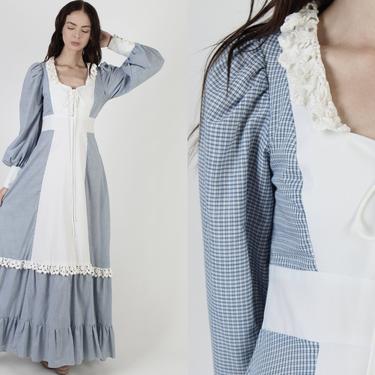 Vintage 70s Blue Gingham Dress / Gunne Sax Crochet Checker Dress / 1970s Renaissance Fair Dress White Plaid / Peasant Folk Dirndl Maxi Dress 