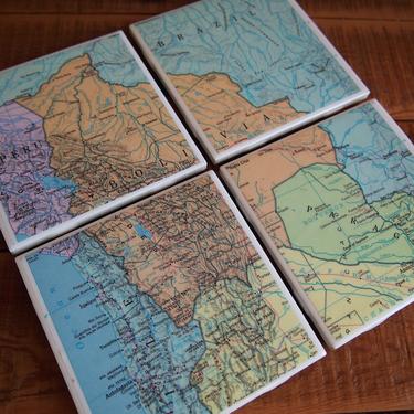 1968 Bolivia Vintage Map Coasters - Ceramic Tile Set of 4 - Repurposed 1960s Rand McNally Atlas - Handmade - La Paz - South America 