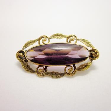 Antique English Victorian 9K Yellow Gold Delicate Botanical Leaf Motif Pin Brooch with Gorgeous Faceted Purple Amethyst Stone Center 