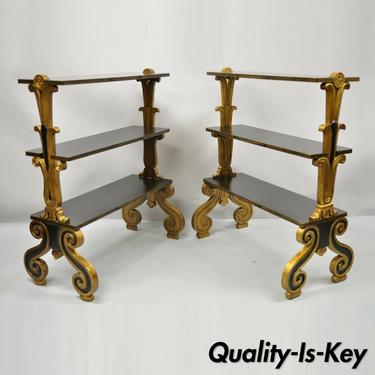 Regency Style Black & Gold 3 Tier Whatnot Stands Bookcase Shelves Curio - a Pair