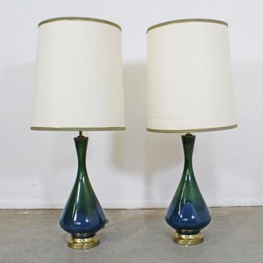 Mid-Century Modern Blue Green Tall Drip Glaze Ceramic Table Lamps - PAIR 
