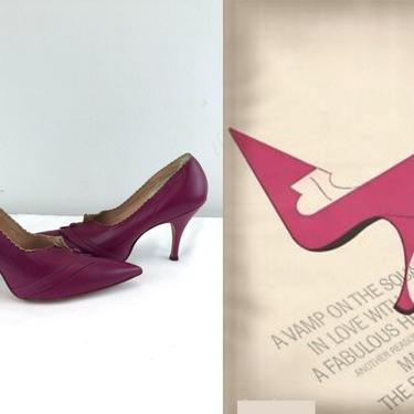 She Had Reached Her Zenith - Vintage 1950s 1960s Magenta Leather Stiletto Dress Heels - 7.5A 