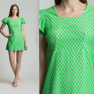 60s 70s Green Mod Puff Sleeve Mini Dress - Extra Small | Vintage A Line Eyelet Babydoll Dress 