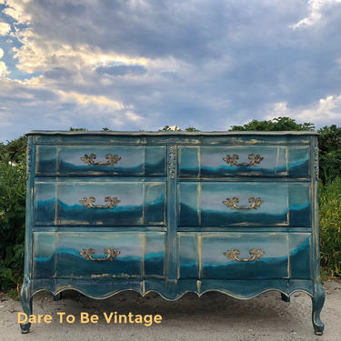 Painted Bohemian Dresser - Beach House Dresser -  Vintage Dresser - Bohemian Buffet - Blue Beachy Sunset Dresser - Shabby Chic Dresser 