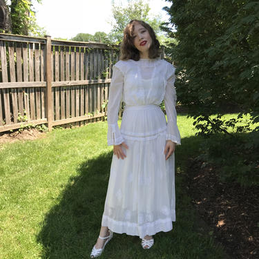 Antique Edwardian Lawn Dress Embroidered White Cotton Maxi  Size S XS 
