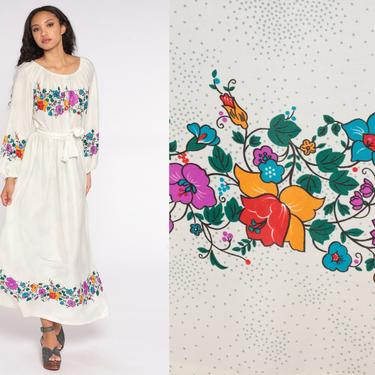 Floral Maxi Dress 70s Long Peasant Dress White Dots High Waist Long Sleeve Hippie Boho 1970s Off Shoulder Bohemian Summer Vintage Medium M 