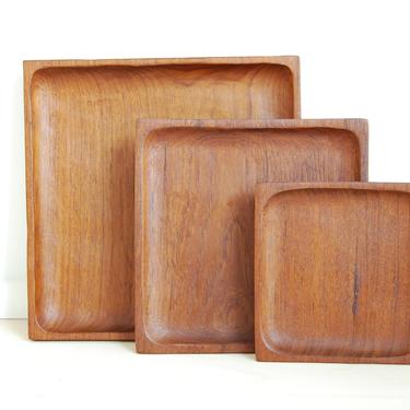 Vintage Solid Teak Square Nesting Trays Set of 3 Made in Thailand 