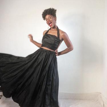 Vintage 1990s 00s Y2k does 50s Halter Dress Two Piece Set Gown Crinoline Hoop Skirt Classic Minimal Party Ball Prom Black XS Size 0 2 