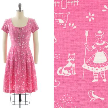 Vintage 1960s Dirndl Dress | 60s Cat Animals People Floral Novelty Print Pink Cotton Full Skirt German Shirtwaist Day Dress (x-small) 