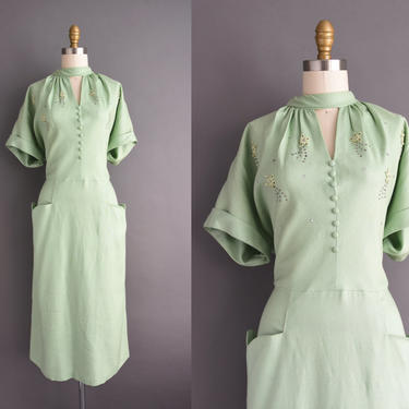 vintage 1950s | Adorable Mint Green Silver Studded Cocktail party Dress | XXL Plus Size | 50s dress 