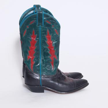 80s Leather Cowboy Boots / Two Toned Boots / Vintage WESTERN Boots / Flame Inlay Boots / Size 6.5 Boots / Code West Boots 
