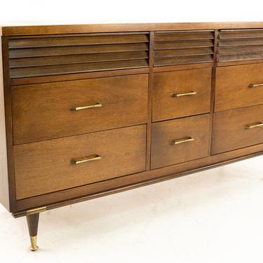 Merton Gershun Style Bassett Mid Century Walnut and Brass Louvered 9 Drawer Lowboy Dresser - mcm 