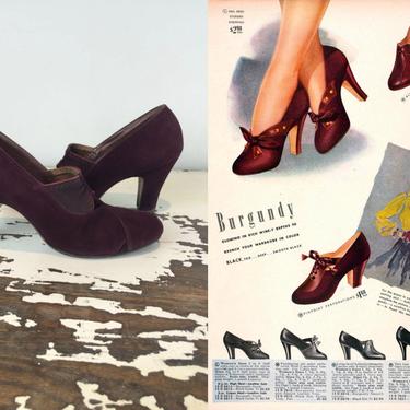 Blast of True Colour - Vintage 1930s Burgundy Nubuck Suede Leather Shoes Heels - 5 