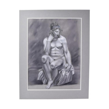 Whimsical Original Pastel Drawing Portrait Rubenesque Nude w Knees Against Glass 