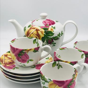 Royal Albert Country Rose 9 Piece Tea Set Teapot 4 Cups &amp; 4 Saucers 