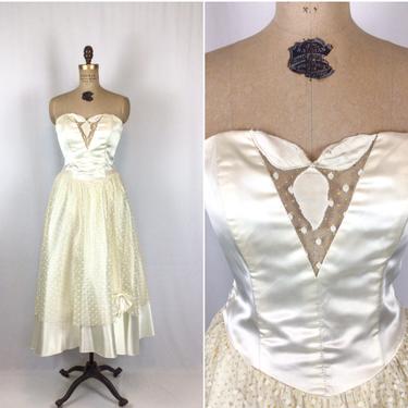 Vintage 80s dress | Vintage cream satin gold polka dot prom dress | 1980s Jay Jacobs cocktail party brides maid dress 