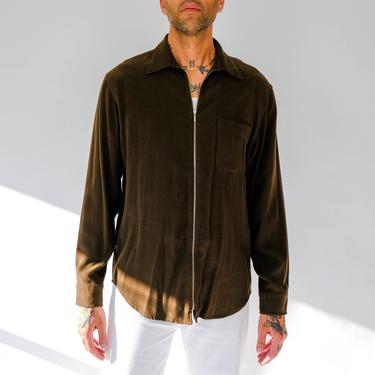 Vintage 90s Armani Exchange Chocolate Brown Micro Velvet Zip Up Long Sleeve Shirt | Grunge, Streetwear | 1990s Giorgio Armani Designer Shirt 